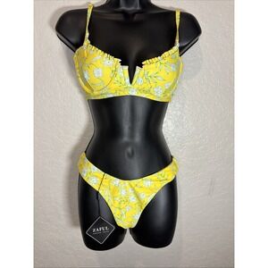 Zaful Bikini Set Yellow Floral Print Removable Pad Push Up V-Wire Size 4 NWT